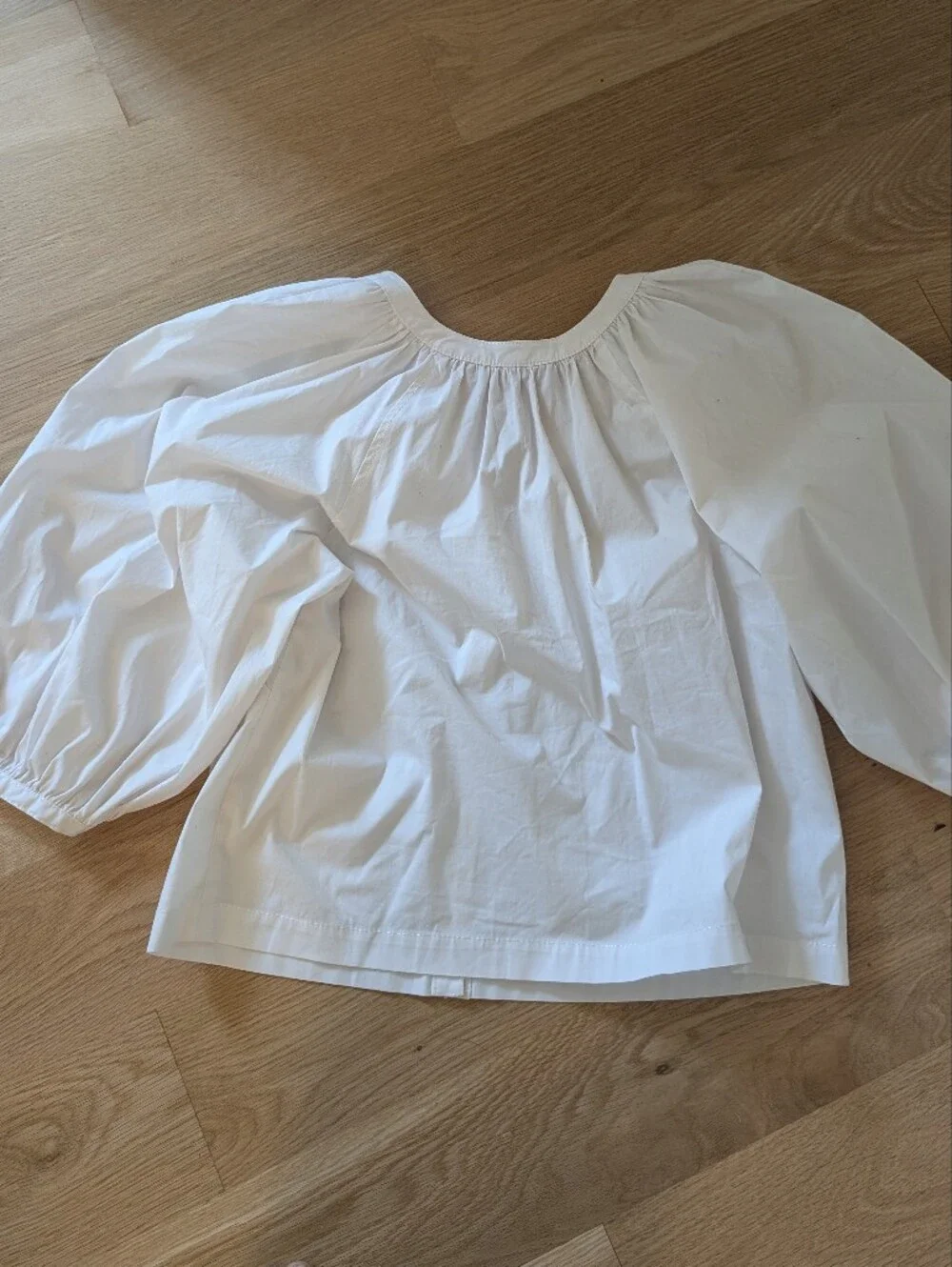 STAUD White V-Neck Button Poplin Blouse with Puff Sleeves